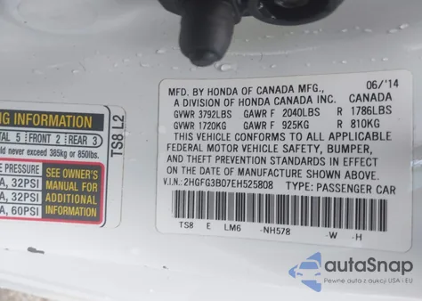 2014 Honda Civic Ex-L z USA, uszkodzony, nr VIN 2HGFG3B07EH525808